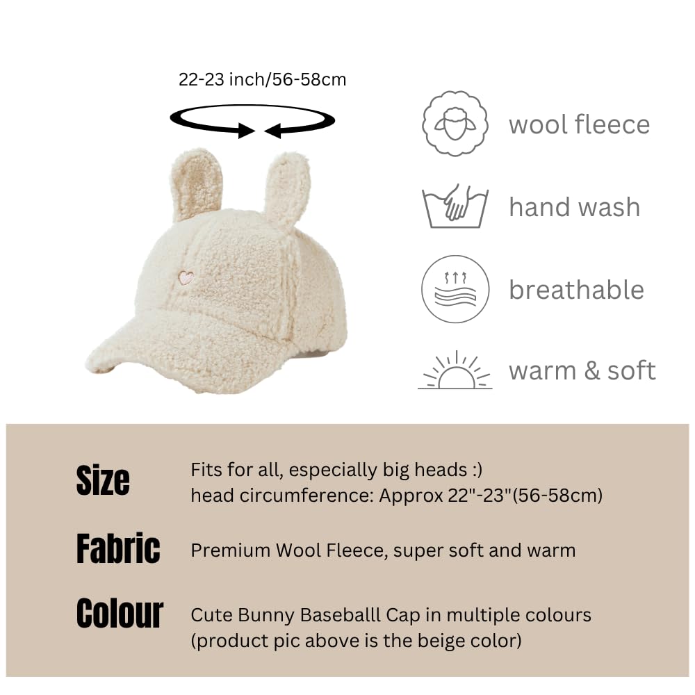 Cute Hat for Women Winter Wool Cat Rabbit Ears Soft Beanie Slouchy Baseball Cap Vintage Casual Sports (US, Numeric, 7, 7 7/8, Black)