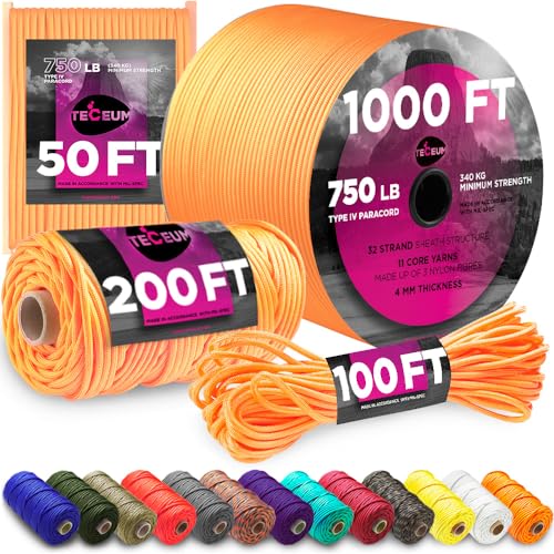 TECEUM Paracord Type IV 750 lb Green – 50 ft – 4mm – 100% Nylon Strong Tactical MIL–SPEC Parachute Cord – Survival Rope Emergency para Cord 11 Strands Core EDC Camping Hiking Military Gear 025a