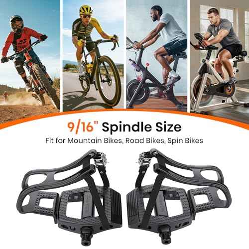 SPD Bike Pedals with Toe Cages, 9/16'', Dual Function with Straps and Clip, Alloy Spindle for Indoor Exercise Cycling Spin Mountain Road Bikes, Peloton, Schwinn, Sunny Bikes