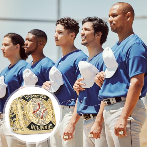 Landical 12 Pcs Baseball Championship Ring Baseball Champion Rings Softball Trophy Award Gift with Display Neck Chain and Stand for Tournament or League Baseball Champion Winner(Gold, 12 Pcs)