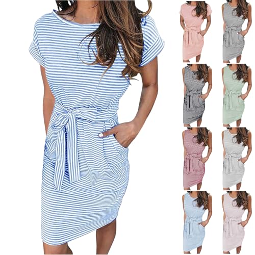 BFAFEN Prime of Day Deals 2024 Summer Dresses for Women 2024 Striped Print Crew Neck Pocket Dress Casual T Shirt Midi Dress Tie Waist Work Dress