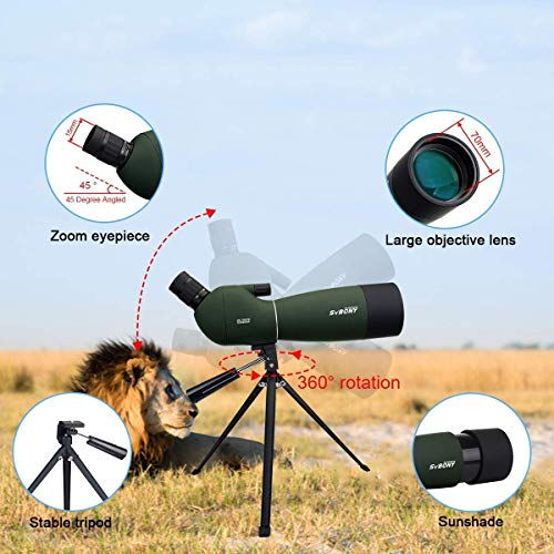 SVBONY SV28 Spotting Scopes with Tripod,Hunting,25-75x70,Angled,Waterproof,Range Shooting Scope,with Phone Adapter,Compact, for Target Shooting,Birding,Wildlife Viewing