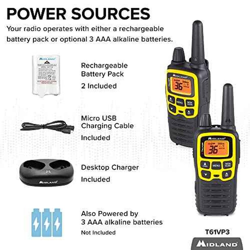 Midland¢ç - T61VP3 X-TALKER - Two-Way Radio - 36 Channel FRS- Long Range Walkie Talkie, 121 Privacy Codes, & NOAA Weather Scan & Alert Black/Yellow, 2-Pack