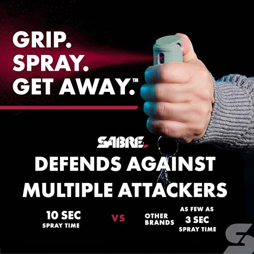 SABRE Pepper Spray for Self Defense, Fast Flip Top, Maximum Police Strength OC Spray, Key Ring for Easy Carry, Fast Access, Finger Grip for Accurate Fast Aim, Secure, Easy to Use, 0.54 fl oz