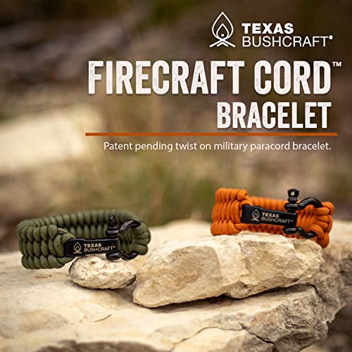 Texas Bushcraft Firecraft Cord Survival Bracelet – Paracord Bracelet with Bow Shackle for Camping and Emergency – 3 Extra Strands Include Wax Thread, Tinder, and Fishing Line (Army Green, M)