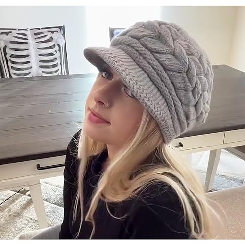Winter Knit Beanies for Women, Warm Fleece Lined Women Thick Hat Slouchy Hat Cap with Brim