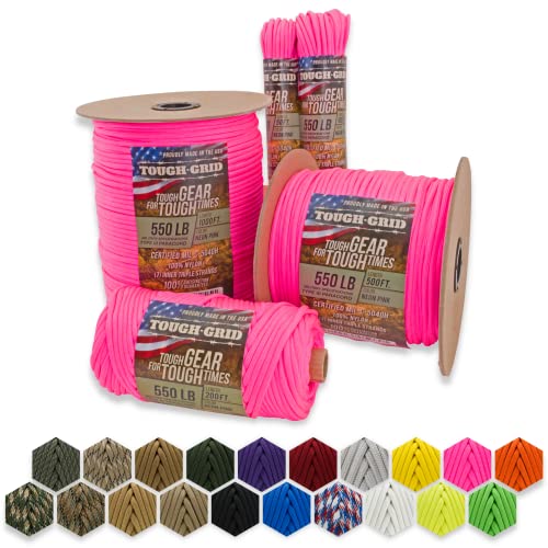 TOUGH-GRID Premium Neon Pink 550 Paracord/Parachute Cord - 100% Nylon Mil-Spec Type III Paracord Rope Used by The US Military, Great for Bracelets and Lanyards, Tactical Paracord 50Ft. - Neon Pink