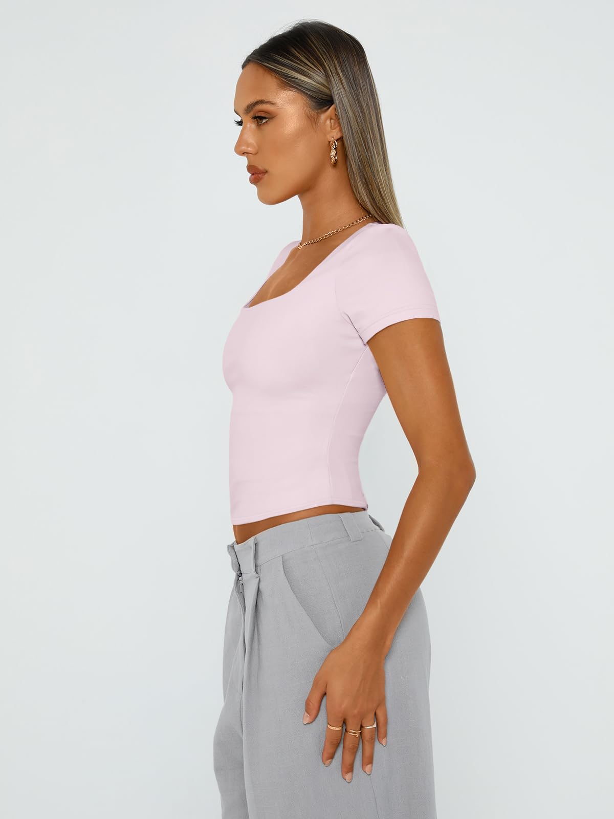 Trendy Queen Womens Double Lined Short Sleeve Square Neck Crop Tops Pink