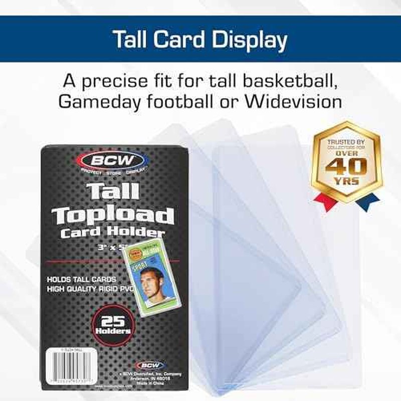 BCW Tall Card Topload Holders ? 25 Pack | Premium Top Loaders for Sports Trading Cards | Fits Tall Basketball, Football, Widevision Cards | Clear Rigid Toploader Card Protectors