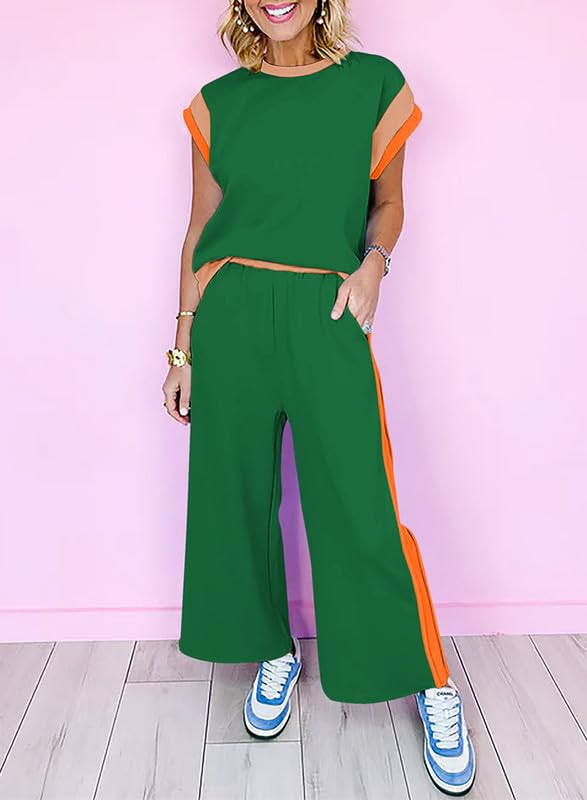 SHEWIN Women's Two 2 Piece Outfits Sweatsuit Lounge Sets for Women 2024 Casual Short Sleeve Shirts Matching Loose Pants Comfy Loungewear Pamajas Set Green M