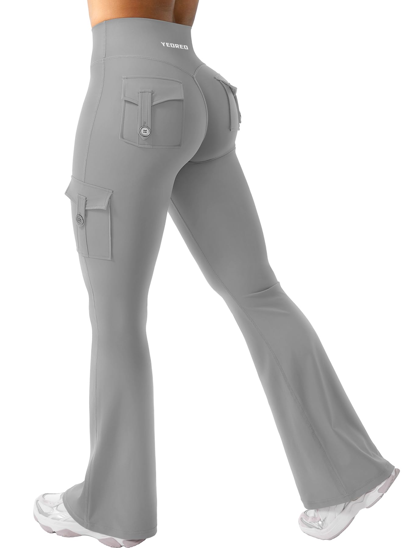 YEOREO CoreFlex Women Workout Flare Leggings with Pockets Hidden Scrunch High Waisted Cargo Gym Yoga Leggings Light Grey S