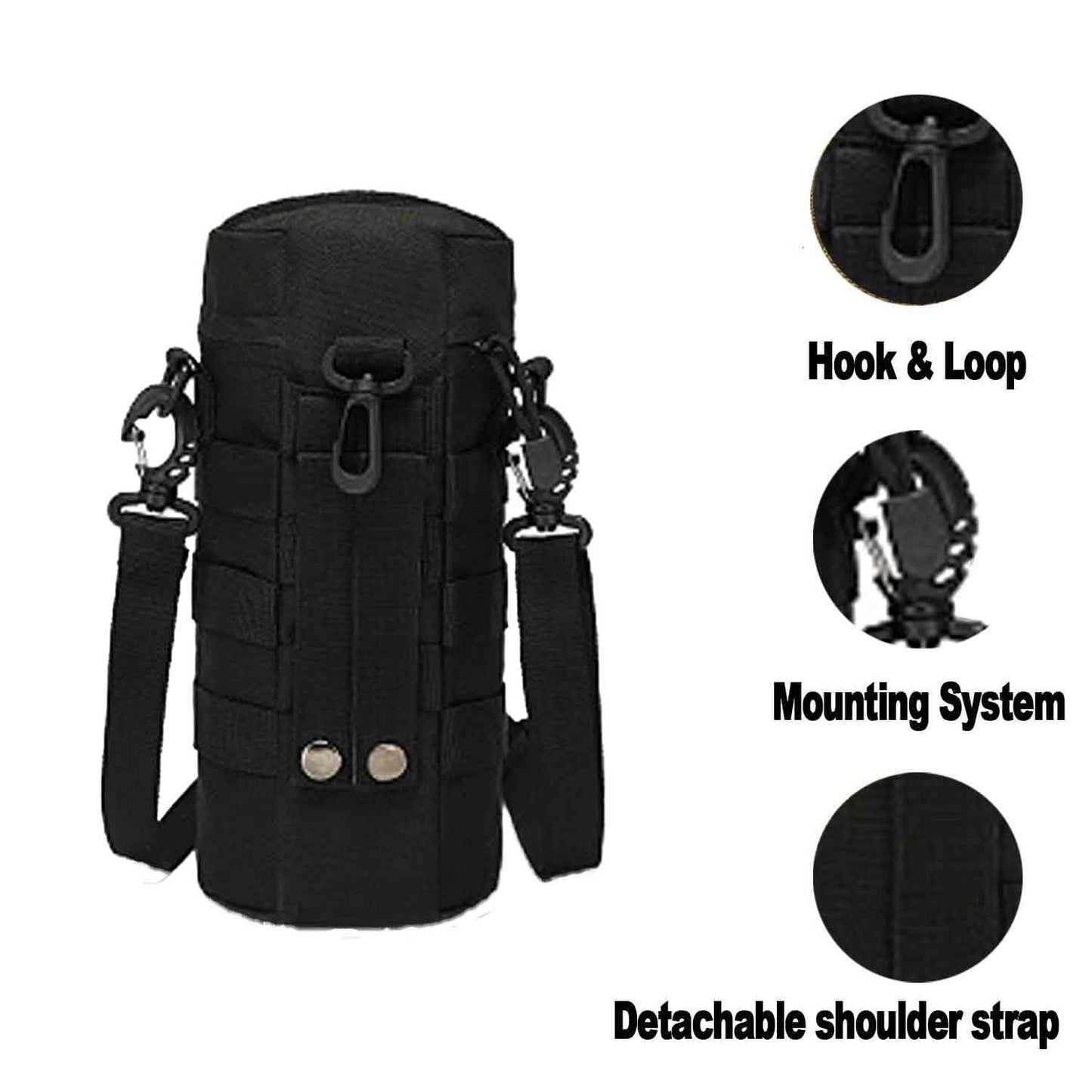 LFWATAXY Tactical Water Bottle Pouch, Tactical Backpack Attachment Pouches Water Bottle Pouch Zipper Water Bottle Bag Water Bottle Holder with Strap Hiking Camping Outdoor Travel (Black)