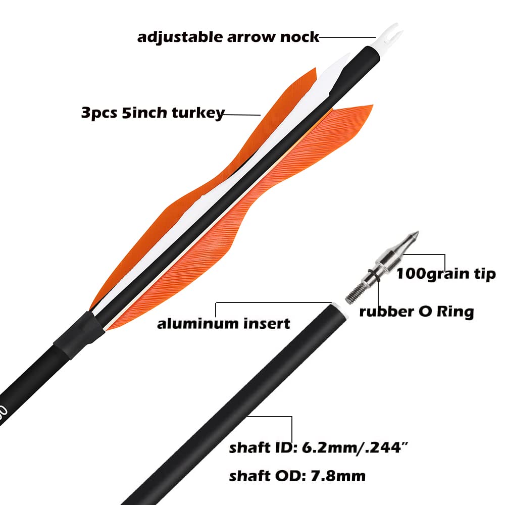 wolfman 31" Carbon Arrows Archery Hunting Arrows Targeting Practice Arrows with 5" Turkey Feathers Spine 500 for Recurve Bow and Compound Bow 6/12pcs (Orange, 12pcs)