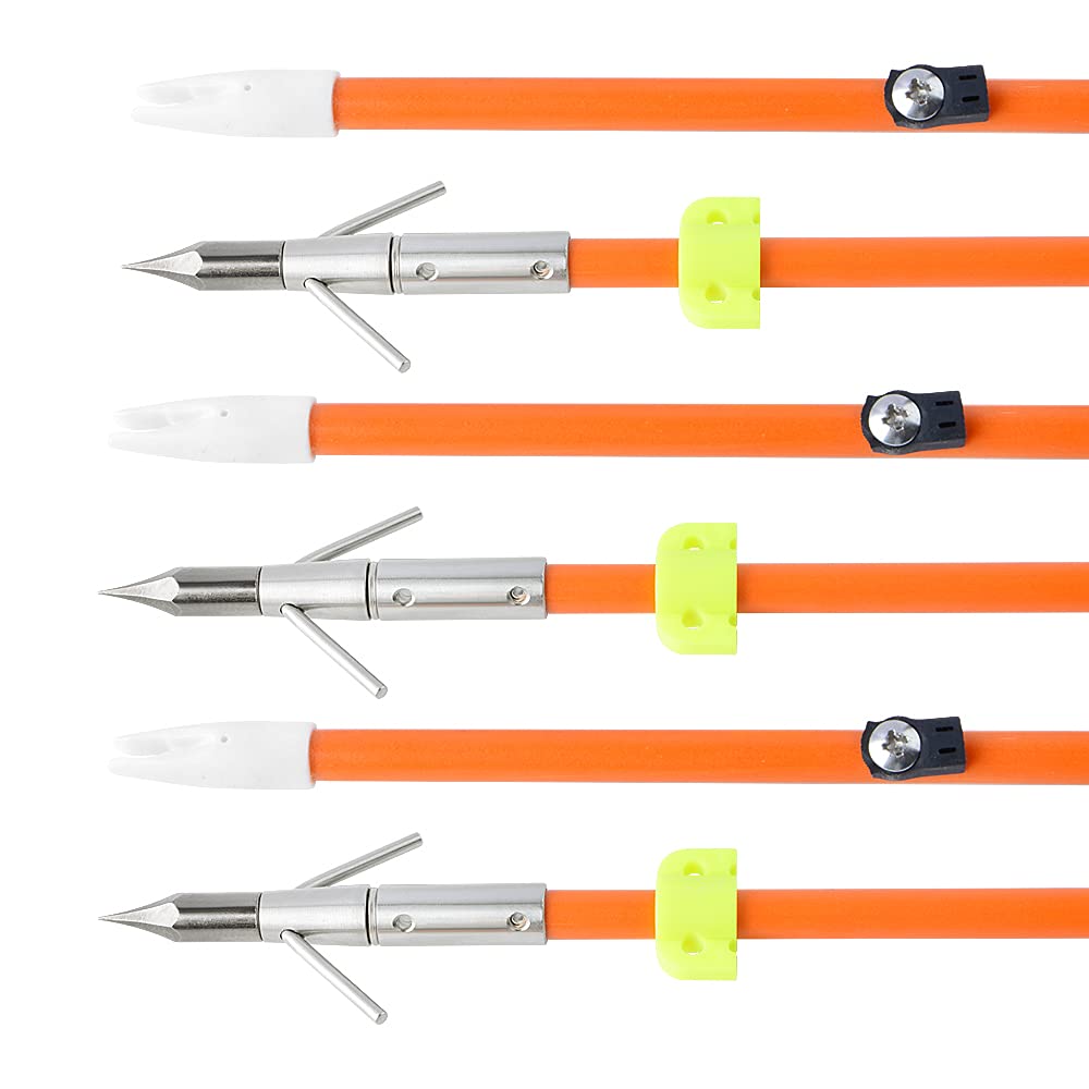 AMEYXGS 6/12pcs Archery Fiberglass Bowfishing Arrow Bow Fishing Arrows with Broadheads and Safty Slides for Compound and Bow Recurve Bow Fishing Hunting (6, Orange Type1)