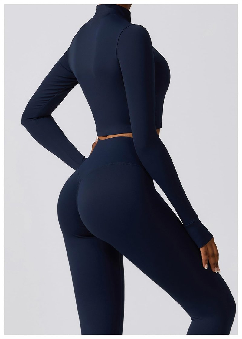3 Piece Women Workout Set Sports Bra Crop Top Jacket with Thumb Holes Tummy Control High Waist Leggings M Navy Blue