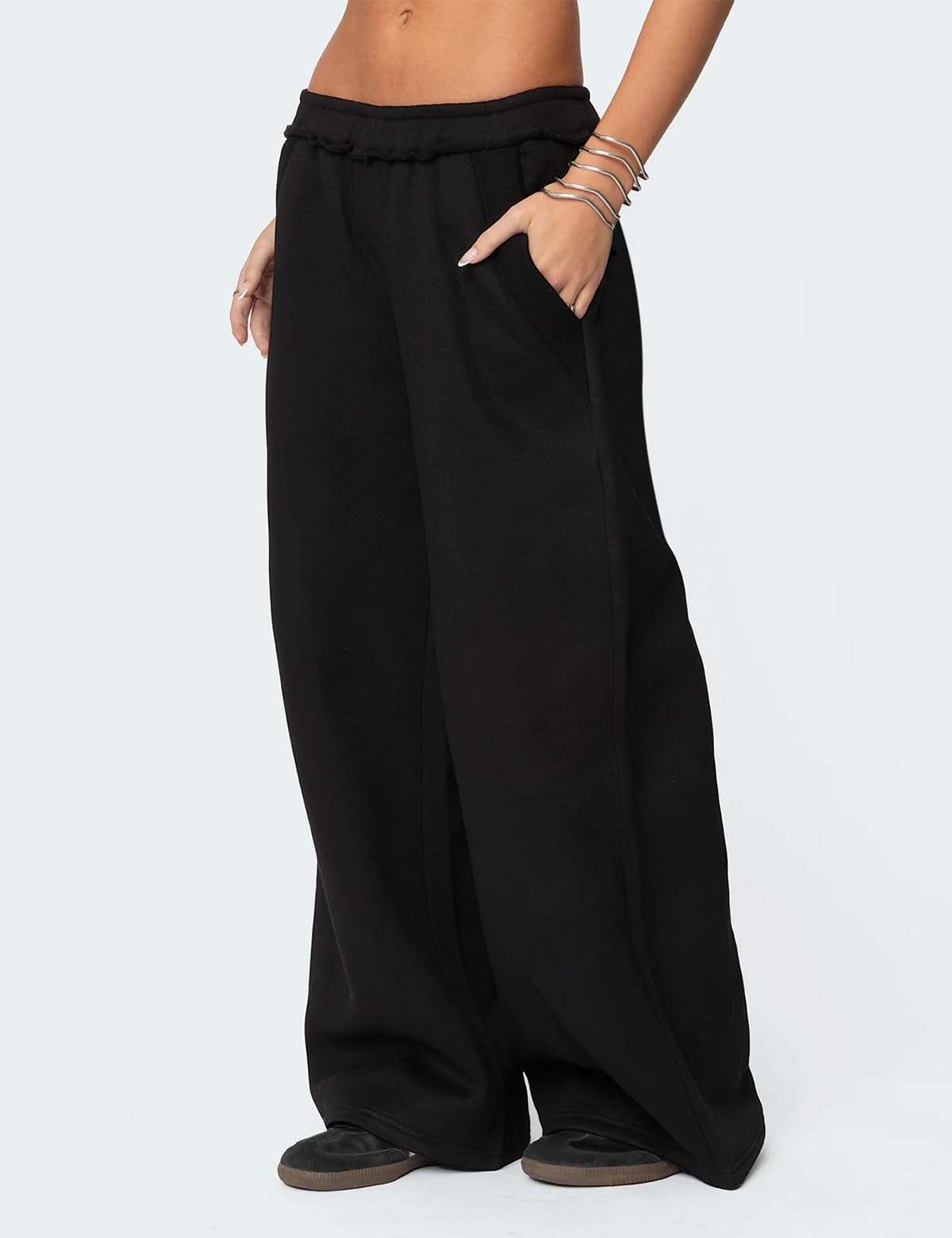 HeSaYep Womens Fleece Lined Sweatpants Wide Leg Baggy Thermal Lounge Pants Raw Hem Elastic Waist Oversized Sweat Pants,Black M