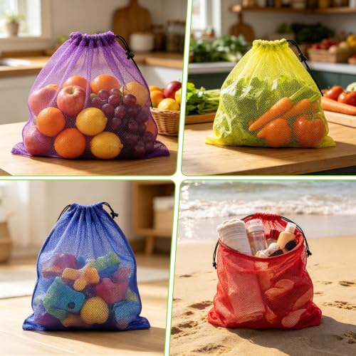 CHRORINE Multicolor Mesh Storage Bags 15.5x13.5 Inch, Pack of 6 for Travel & Gym