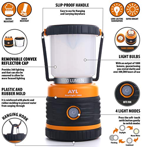 AYL LED Camping Lantern, Battery Powered LED 1800LM, 4 Camping Lights Modes, Perfect Lantern Flashlight for Hurricane, Emergency Light, Storm, Power Outages, Survival Kits, Hiking, Fishing, Tent, Home