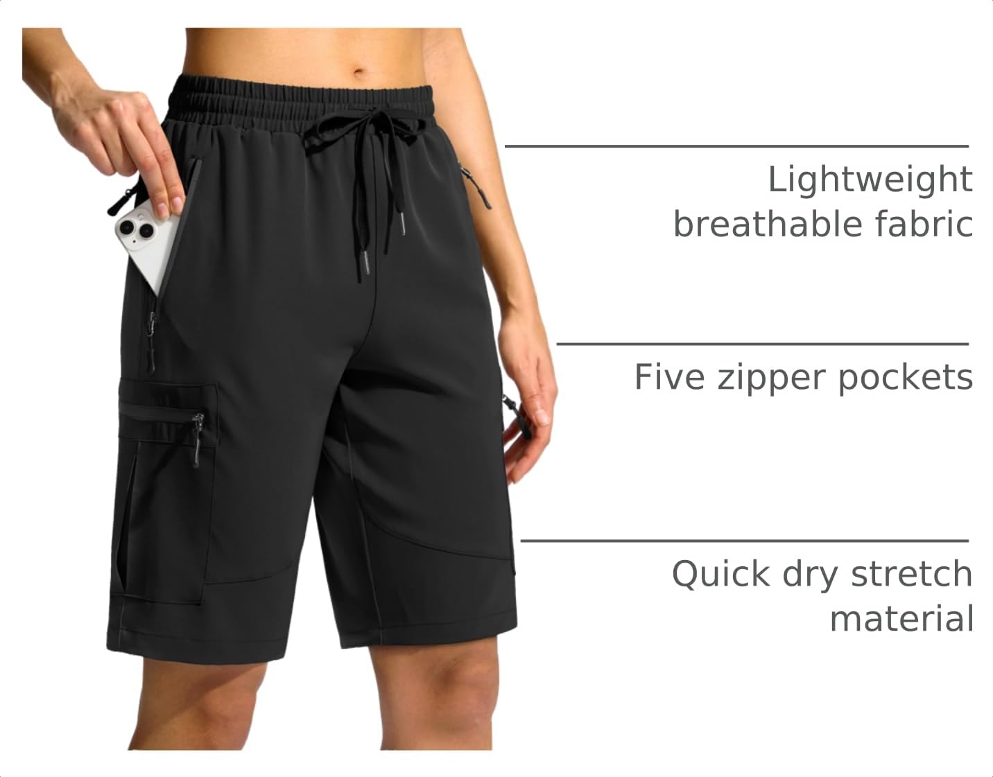 SANTINY Women's 7"/9" Lightweight Hiking Cargo Shorts with 5 Zipper Pockets Quick Dry Summer Long Travel Golf Short for Women (Black_L)