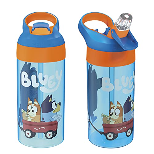 Zak Designs 17.5 oz Riverside Bluey Kids Water Bottle with Straw and Built in Carrying Loop Made of Durable Plastic, Leak-Proof Design for Travel, 2PK Set