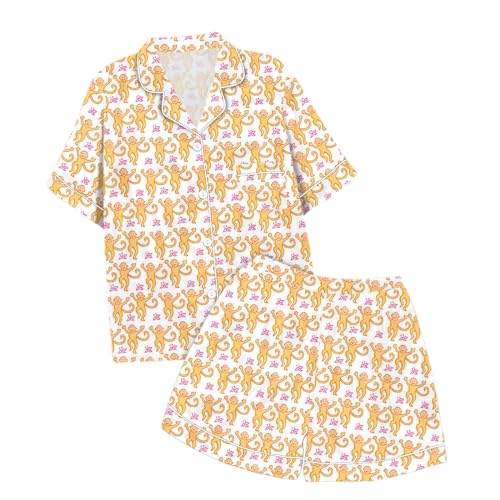 Monkey Pajamas Pjs Shorts Sets, 2 Piece Cute Animals Nightwear Lounge Y2k Sleepwear Orange