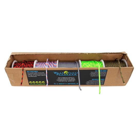 West Coast Paracord 550lb Paracord Variety Supplies – Type III Paracord Box Set – 100 Foot Spools of 5 Colors