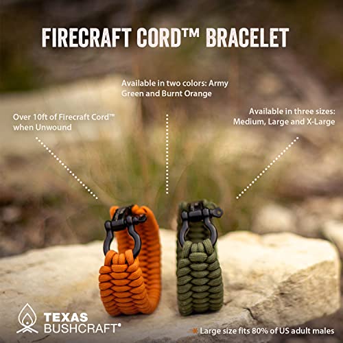 Texas Bushcraft Firecraft Cord Survival Bracelet – Paracord Bracelet with Bow Shackle for Camping and Emergency – 3 Extra Strands Include Wax Thread, Tinder, and Fishing Line (Army Green, M)