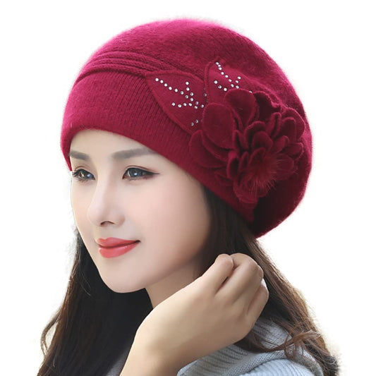 Winter Beanies Hats for Womens Beanie Knit Fashion Warm Winter Hats Women Rabbit Fur with Flower Rhinestone Beanie