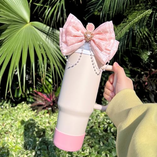 Bling Stanley Bow Straw Topper, Pearl Bow Lid Stanley Cup Accessories,Cute Straw Cover Cap, Silicone Boot Protector 3 PCS Sets for Tumbler Accessories