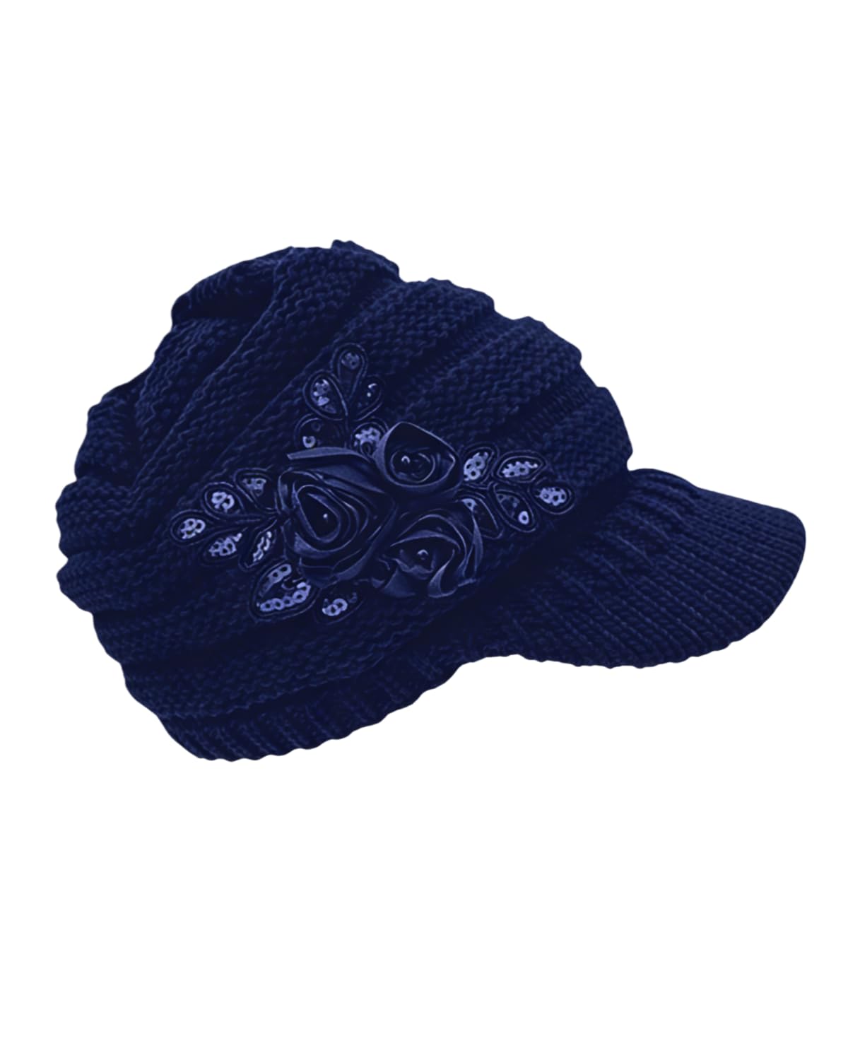 Caviotess C-US Women Winter Warm Knit Hat Crochet Visor Brim Cap with Flower Accent Dark Blue
