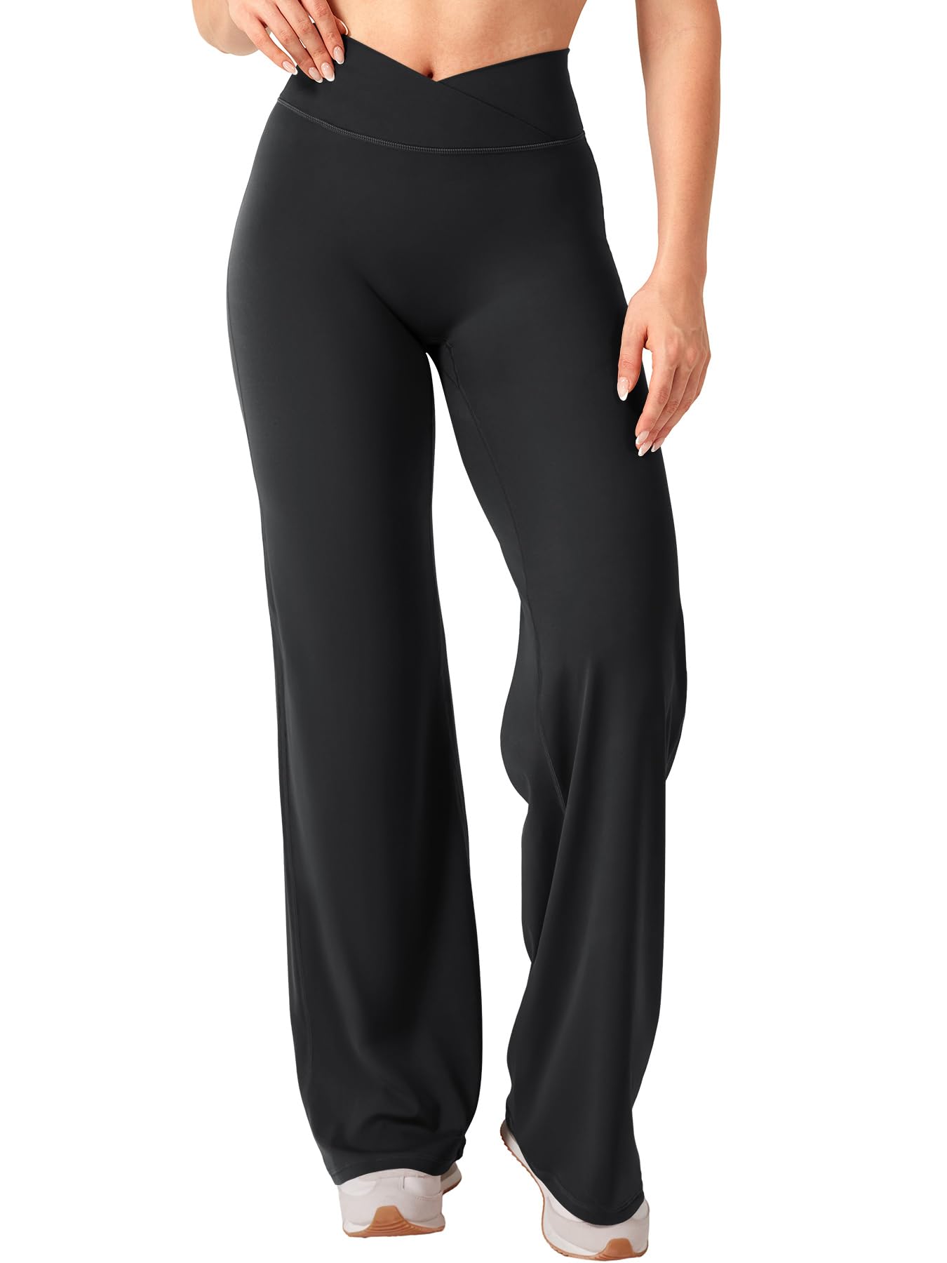 YEOREO Ease Straight Leg Leggings for Women No Front Seam Workout Leggings 31.5" Crossover High Waist Soft Yoga Pants Black M