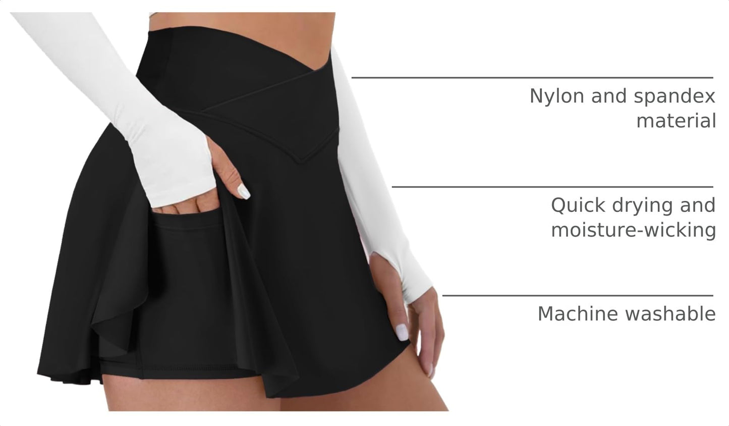 DLOODA Tennis Skirt for Women with Pockets Shorts Crossover High Waisted Athletic Golf Skorts Running Workout Skirts 2 in 1 Black