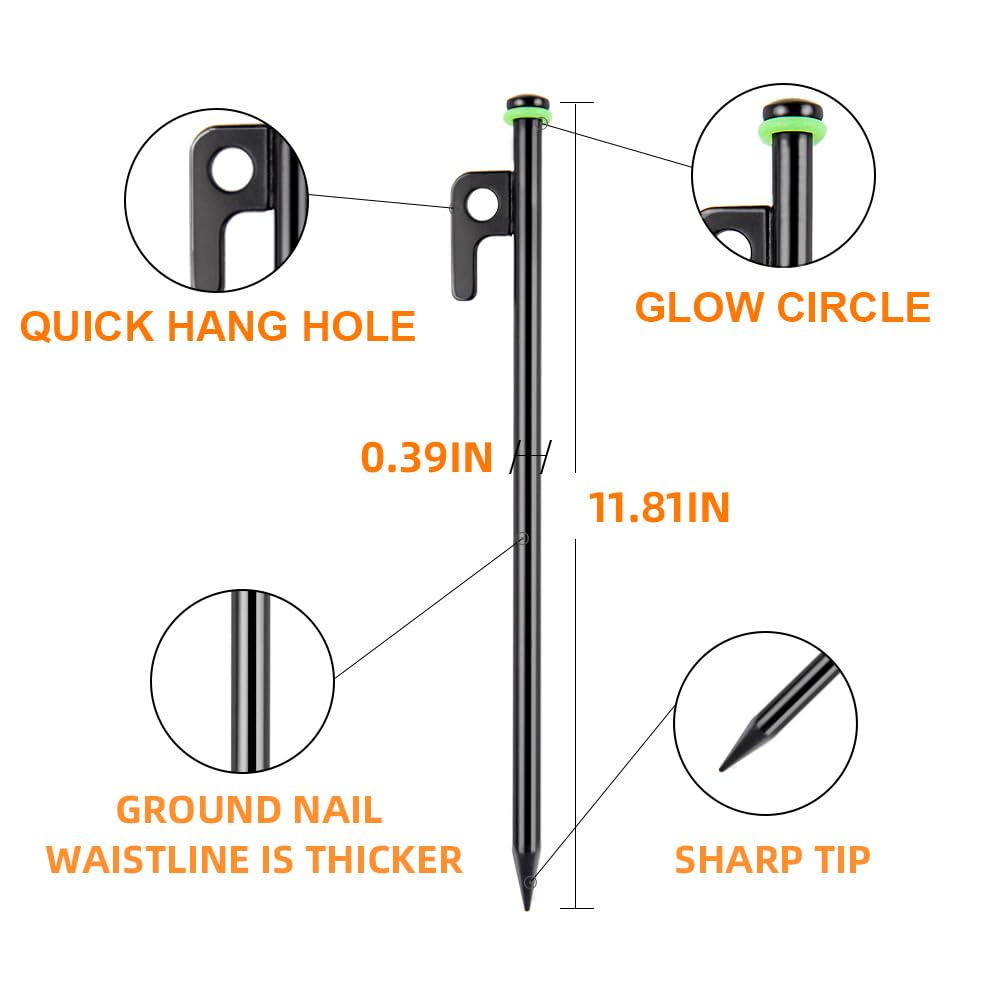 AVOFOREST 12Inch Heavy Duty Tent Stakes, 8PCS Tent Pegs Metal+Fluorescent Silicone Rings+ Storage Bag for Camping