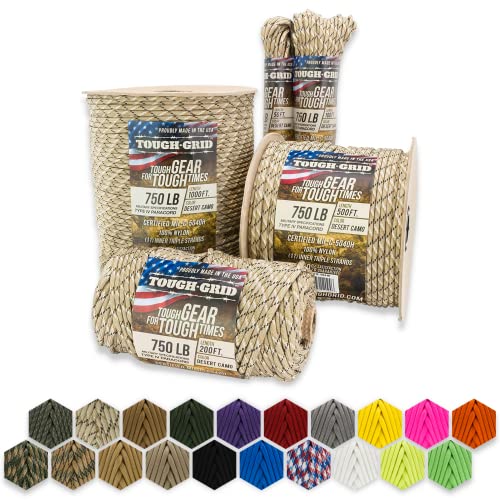 TOUGH-GRID Premium 750lb Paracord - 100% Nylon Type IV Mil-Spec - UV & Abrasion Resistant - Heavy Duty Strands - Outdoor Survival - Used by US Military - 50 ft - Desert Camo