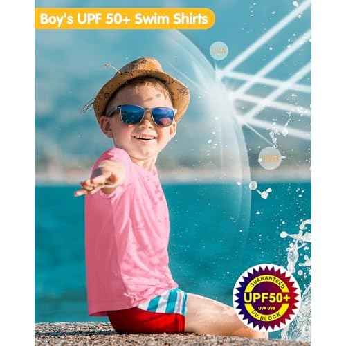 isnowood Boys' Rash Guard Short Sleeve, UPF 50+ UV Sun Protection Swim Shirt, Youth Kids Water Shirts for Surf Beach Fishing