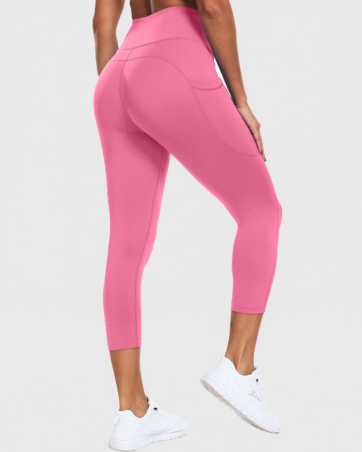 CADMUS High Waisted Workout Legging Capri for Women Athletic Yoga Pants with Two Side Pockets, 1153, Pink, S