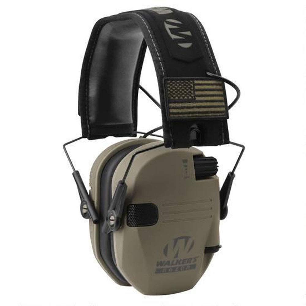 Walker's Razor Slim Shooter Electronic Hunting Folding Hearing Protection Earmuffs w/ 23dB Noise Reduction and Shockproof Carrying Case, Tan Patriot