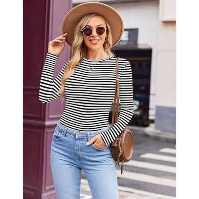 Ekouaer Women's Long Sleeve Shirts 3 Packs Crew Neck Stretchy Fitted Tops Ribbed Base Layer Soft Thermal Undershirts Tee