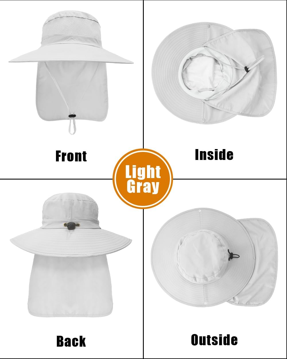 Outdoor Sun Hats with Stowable Neck Flap for Men Women UPF 50+ Mesh Summer Bucket Hat Wide Brim for Fishing Safari Hiking Light Grey