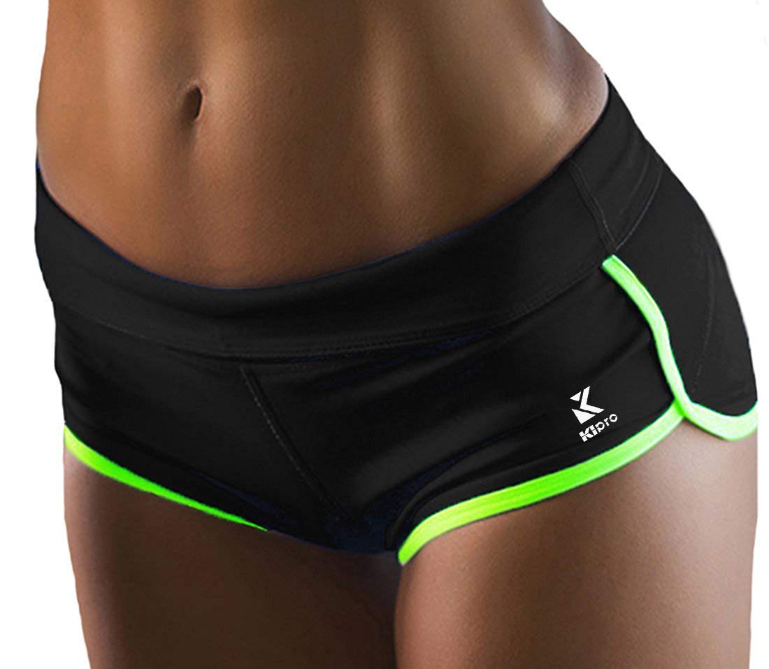 Kipro Womens Ultra Lightweight Running Tennis Workout Yoga Shorts Black/Fluorescent Green