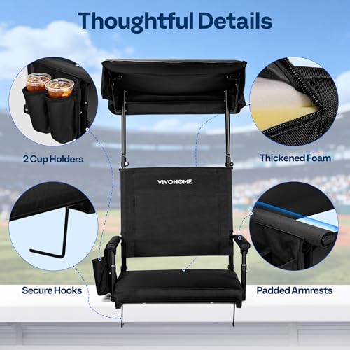 VIVOHOME Black Stadium Seat with Sunshade Canopy & Back Support for Outdoor Sports