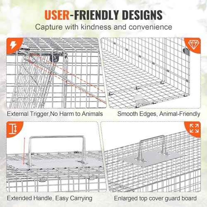 VEVOR Live Animal Cage Trap, 42" x 16" x 18" Humane Cat Trap Galvanized Iron, Folding Animal Trap Cage with Handle for Stray Dogs, Armadillos, Raccoons, Foxes