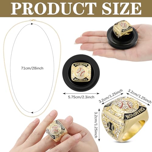 Landical 12 Pcs Baseball Championship Ring Baseball Champion Rings Softball Trophy Award Gift with Display Neck Chain and Stand for Tournament or League Baseball Champion Winner(Gold, 12 Pcs)