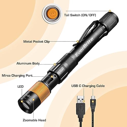 EverBrite Rechargeable Pen Light, 300 Lumens EDC Flashlight, Zoomable LED Pocket Flashlight with Clip, Memory Function and USB C Cable Included, for Camping, Emergency, Grey