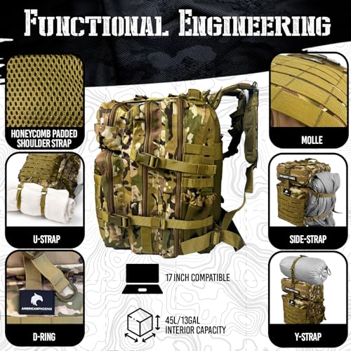 AMERICANPHOENIX 45L Elite Tactical Backpack | 3X Stronger Work & Military Backpack | Water Resistant and Heavy Duty | 3 Day MOLLE Bug Out Bag (Military OCP)