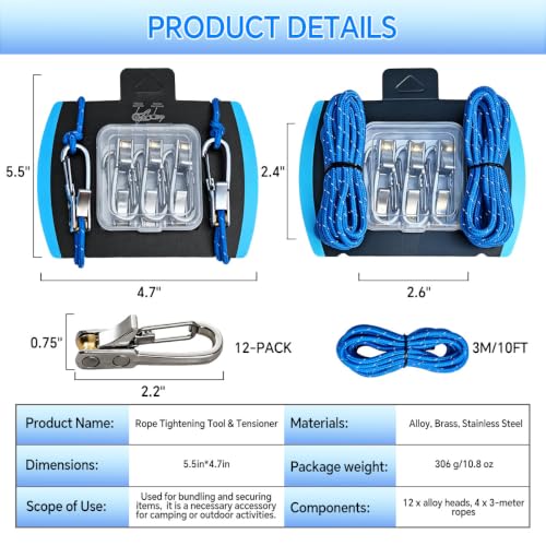 12 Pack Rope Rollers with Paracord Tensioner & Locking Buckle - Heavy Duty Tie Down for Camping, Boating & Outdoor Use