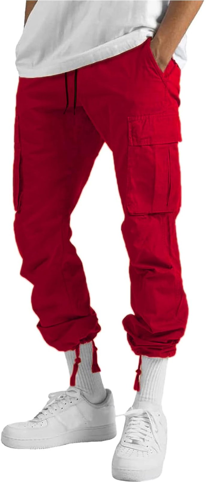 Mens Casual Joggers Pants Hiking Drawstring Chino Cargo Pants Lightweight Outdoor Twill Track Jogging Sweatpants Cotton Loose Straight Leg Pants (Red 32)