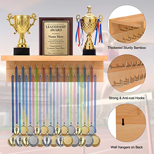 Purbambo Medal Hanger Display, Bamboo Trophy Shelf with 25 Steel Hooks, Wall Mount Ribbon Medals Holder for Gymnastics, Soccer, Running Race Awards