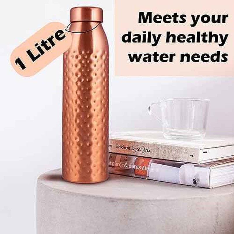 NORMAN JR, Copper Water Bottle 1L - Gift Box of 3, Plain 2, Hammered 1, an Ayurvedic vessel made of pure copper - helps you drink more water with many health benefits