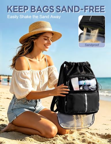 RHDZO Black Drawstring Beach Backpack with Wet Pocket & Shoe Compartment